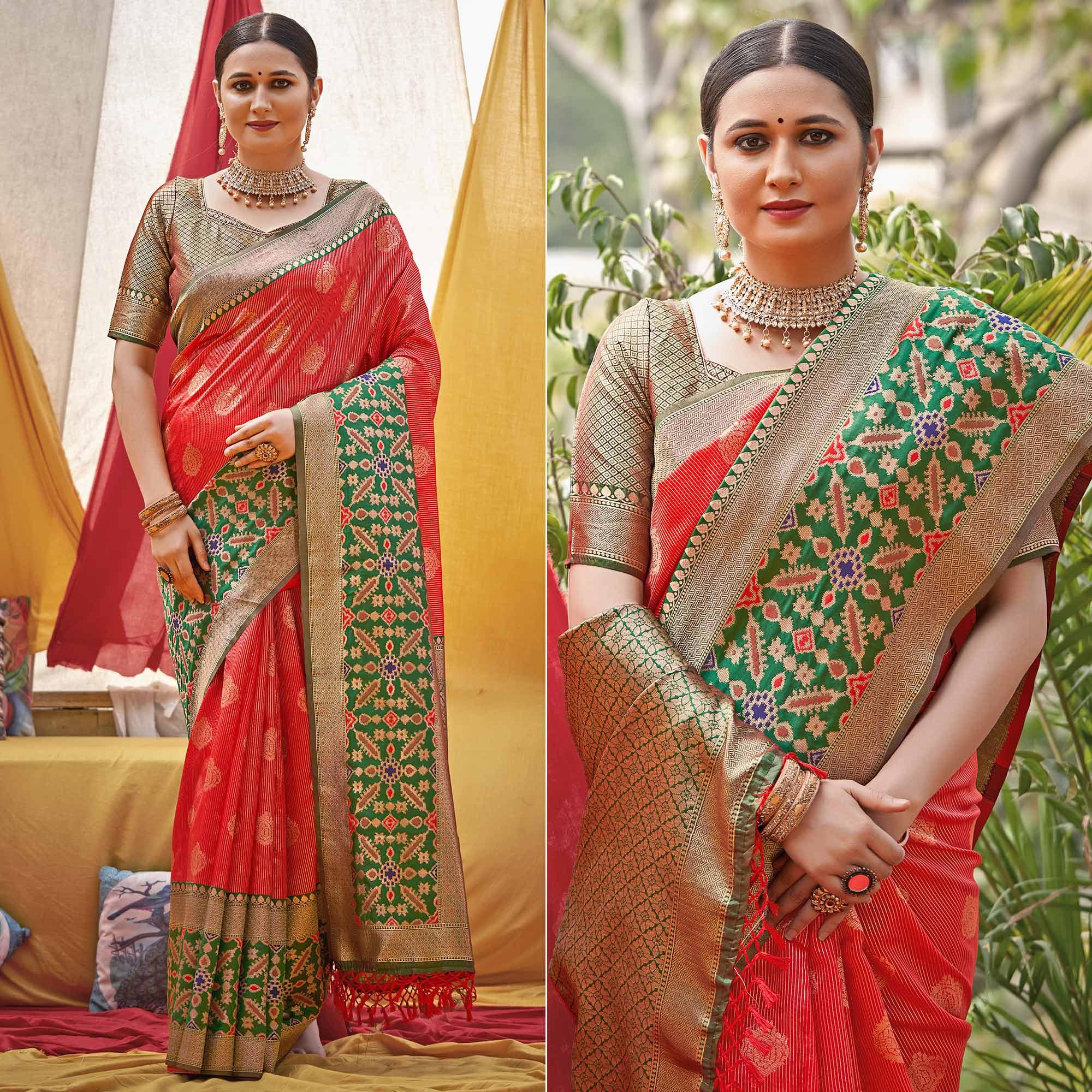 Red Woven Banarasi Silk Saree With Tassels - Peachmode