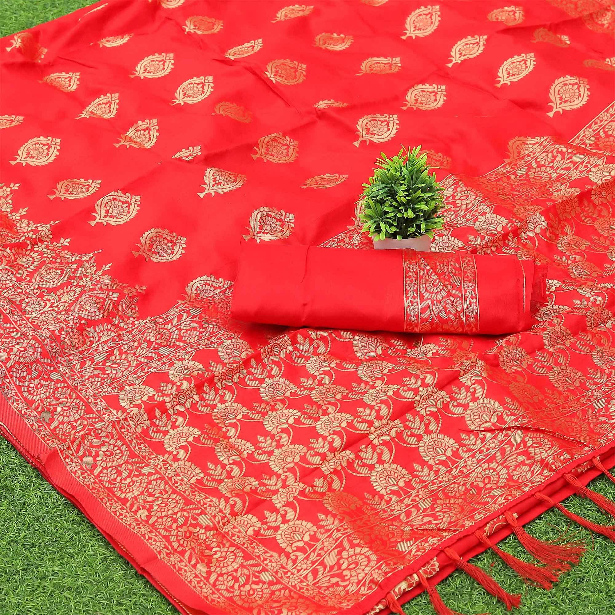 Red Woven Banarasi Silk Saree With Tassels - Peachmode