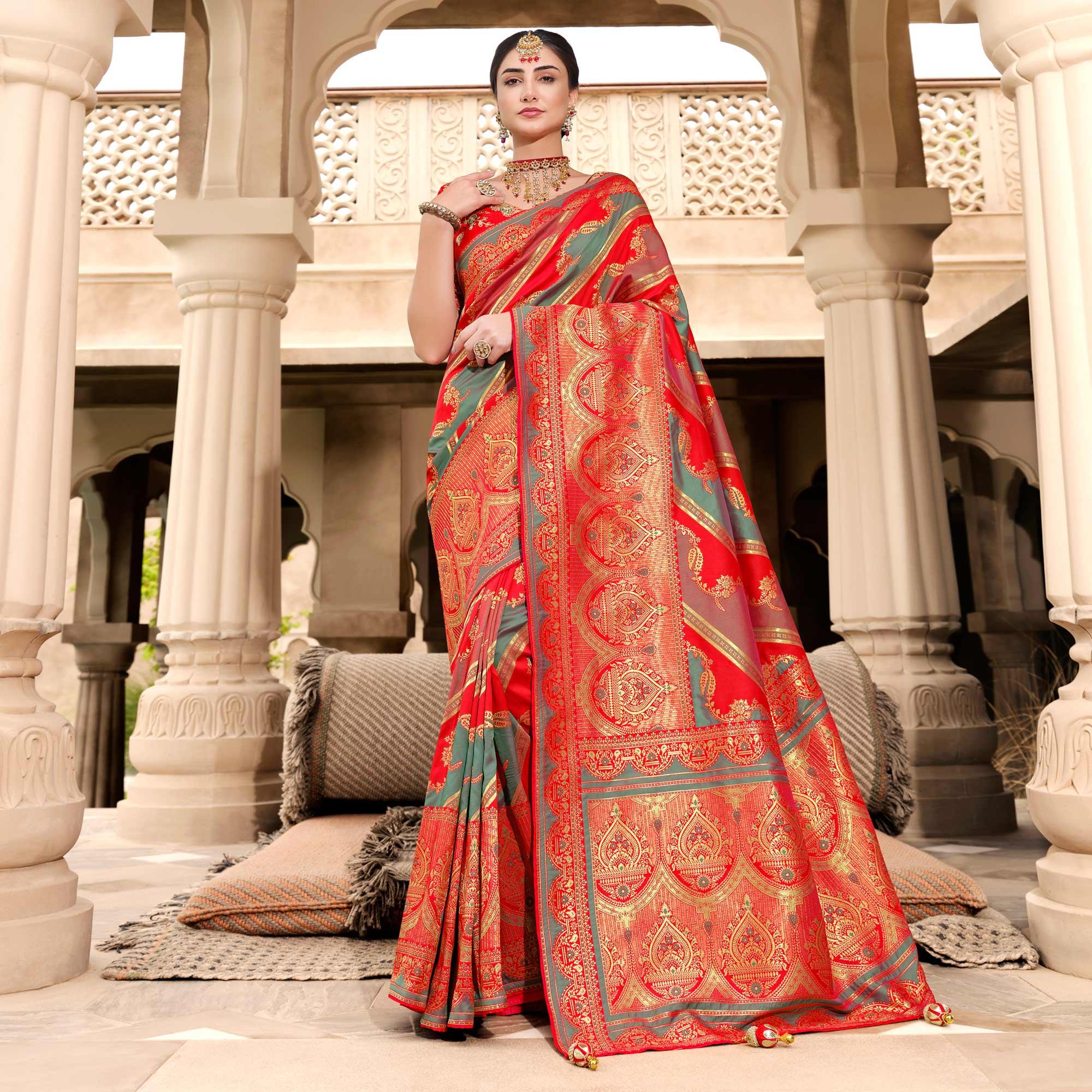 Red Woven Banarasi Silk Saree With Tassels - Peachmode