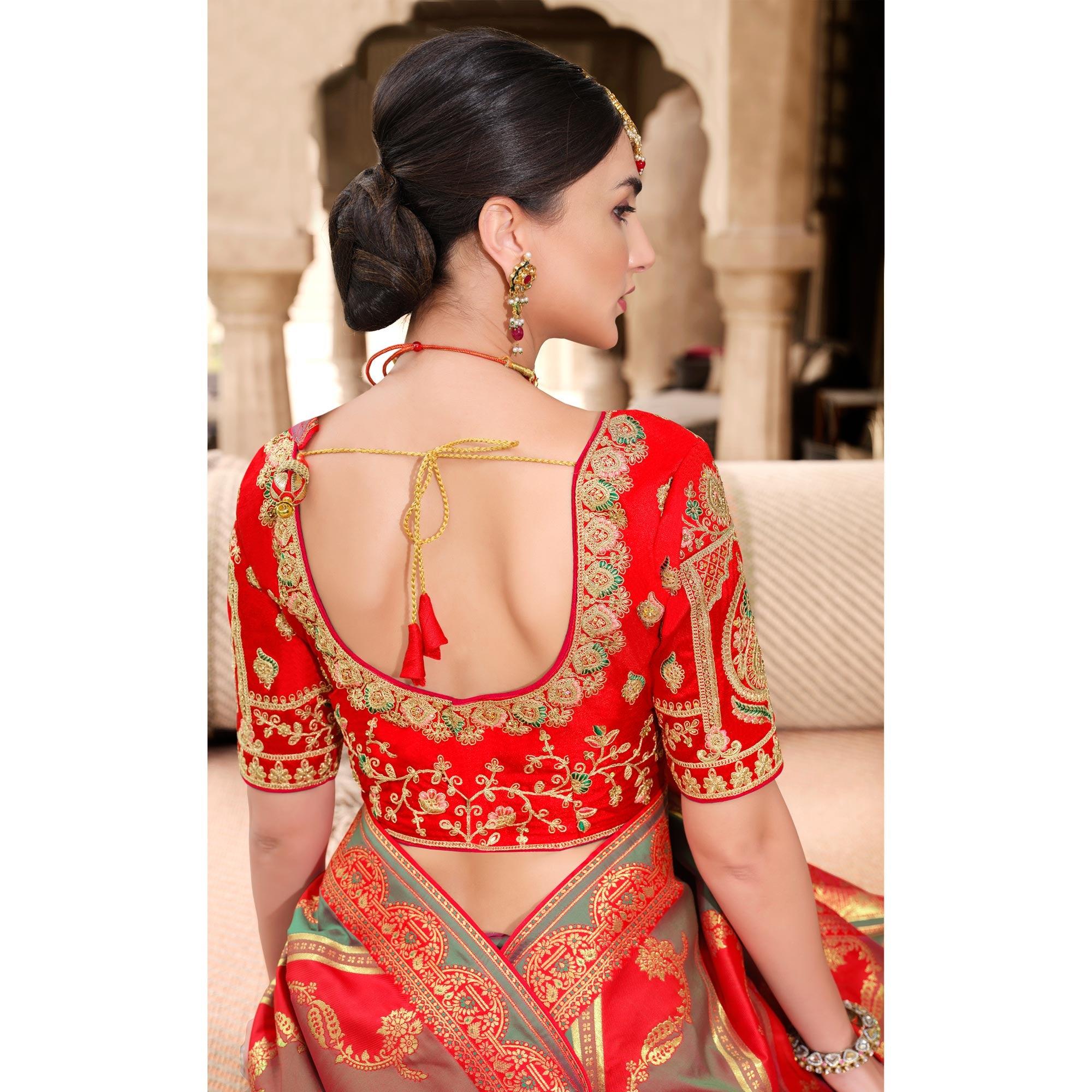 Red Woven Banarasi Silk Saree With Tassels - Peachmode