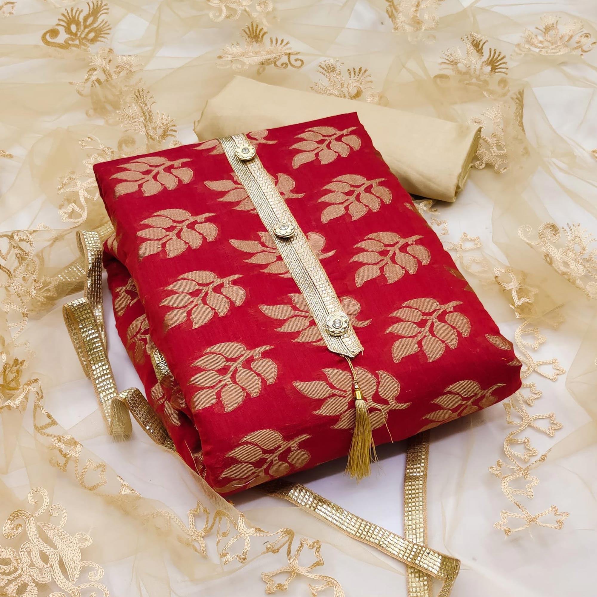 Red Woven Chanderi Dress Material - Peachmode