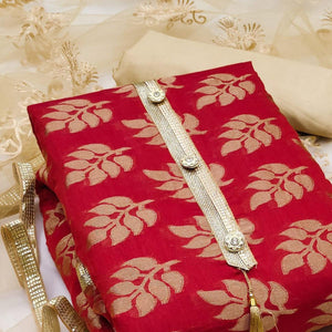 Red Woven Chanderi Dress Material - Peachmode