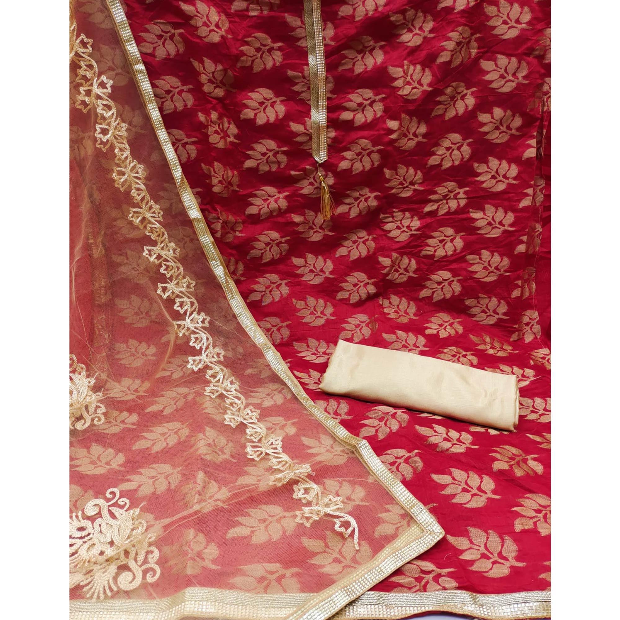 Red Woven Chanderi Dress Material - Peachmode