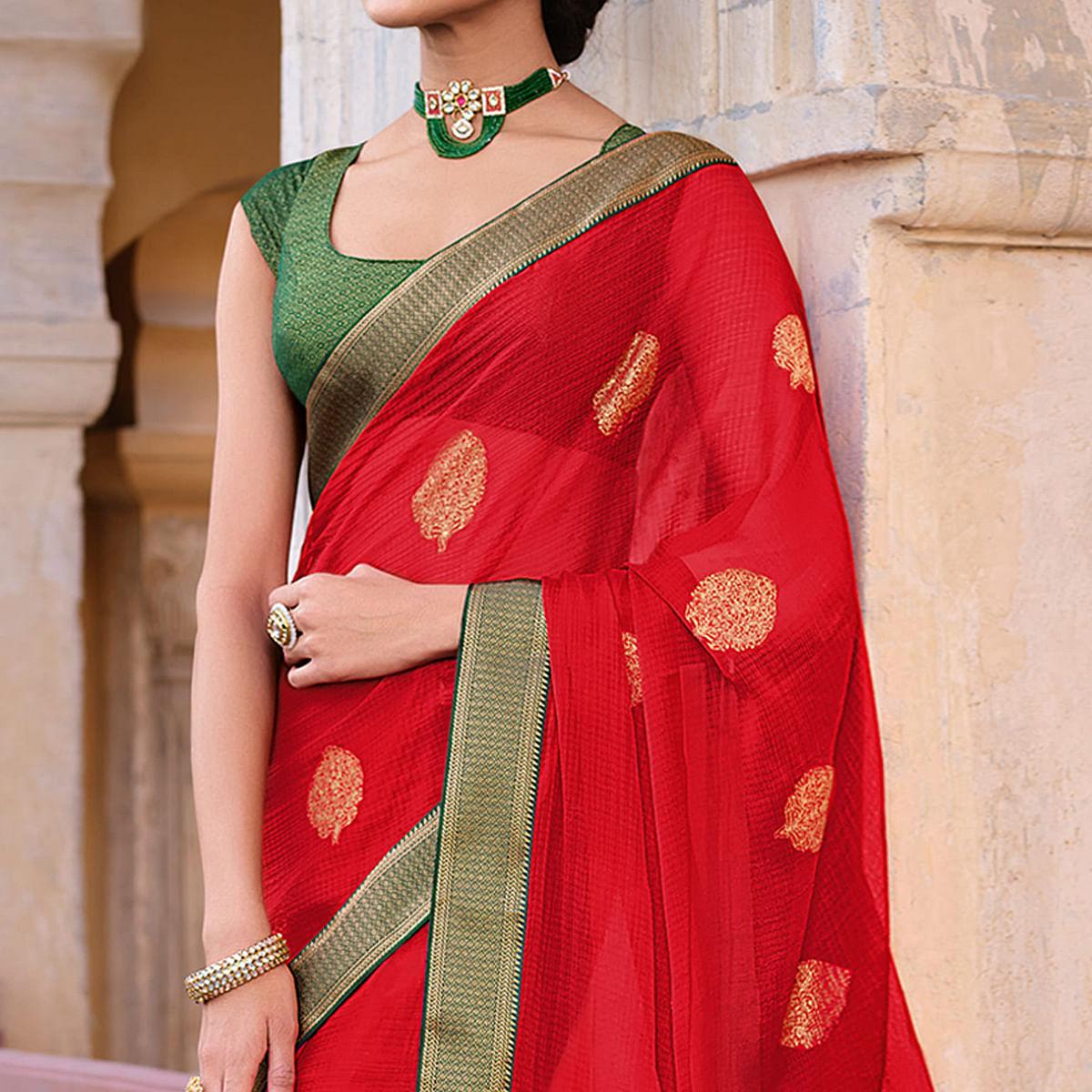 Red Woven Chiffon Saree - Peachmode