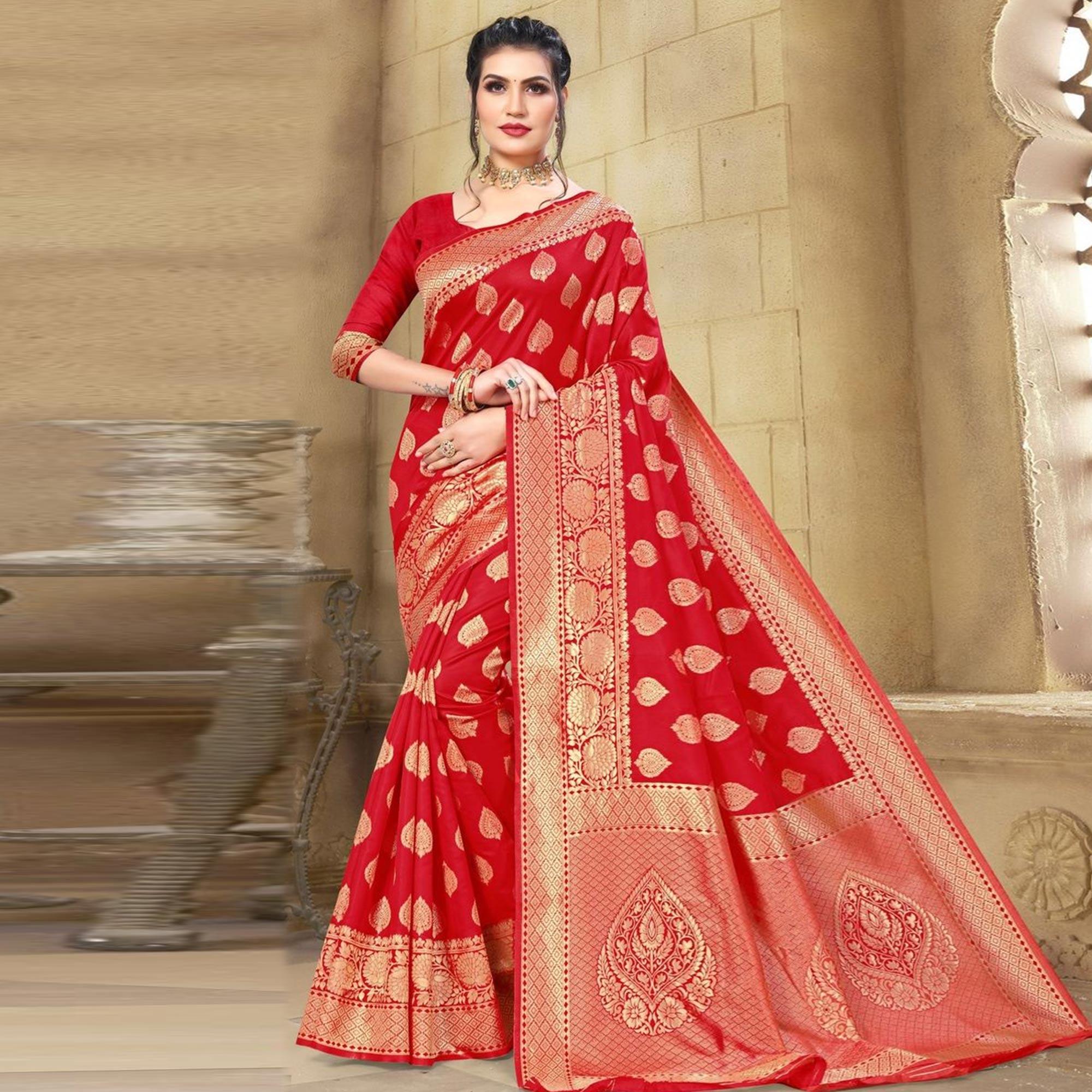Red Woven Cotton Silk Saree - Peachmode