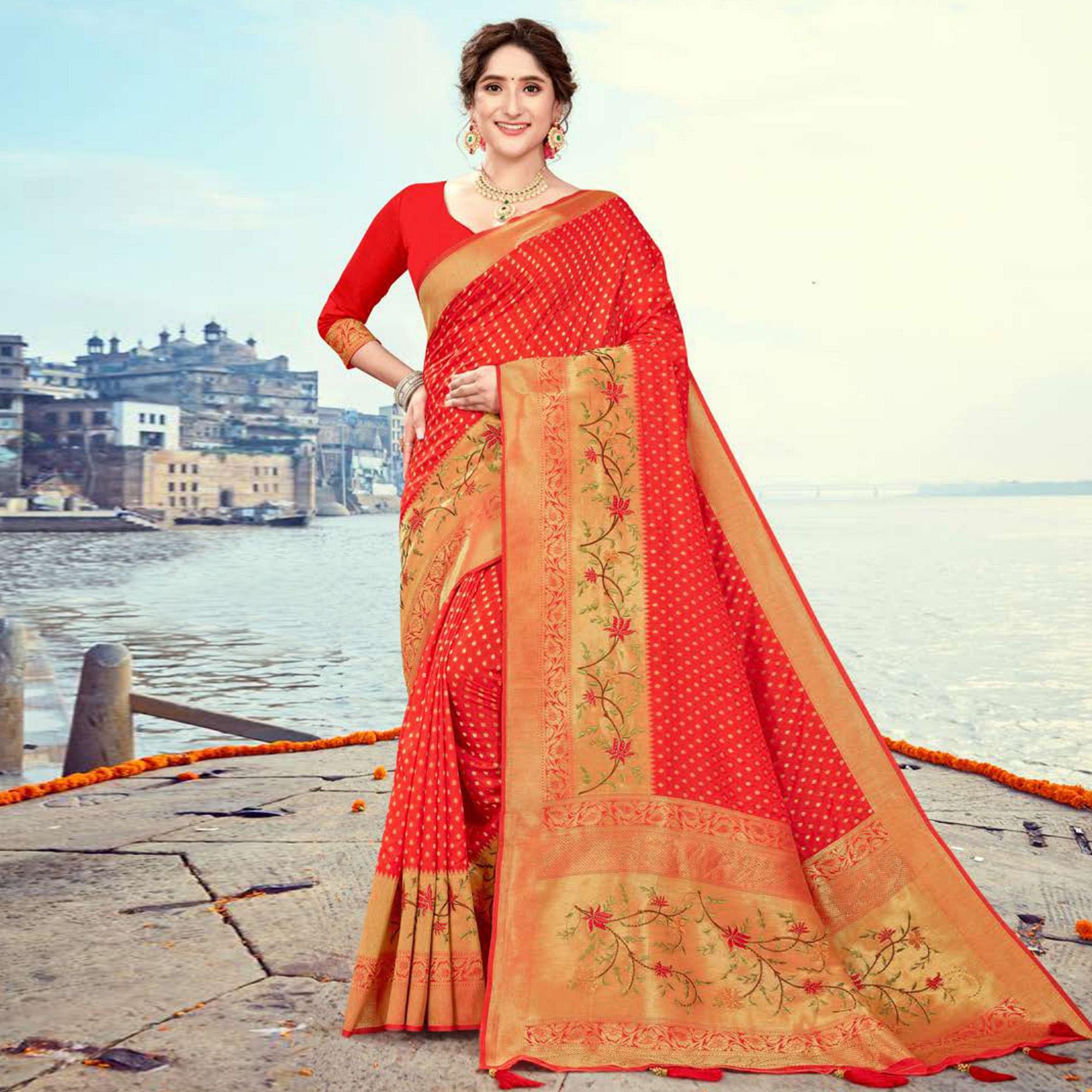 Red Woven Cotton Silk Saree - Peachmode