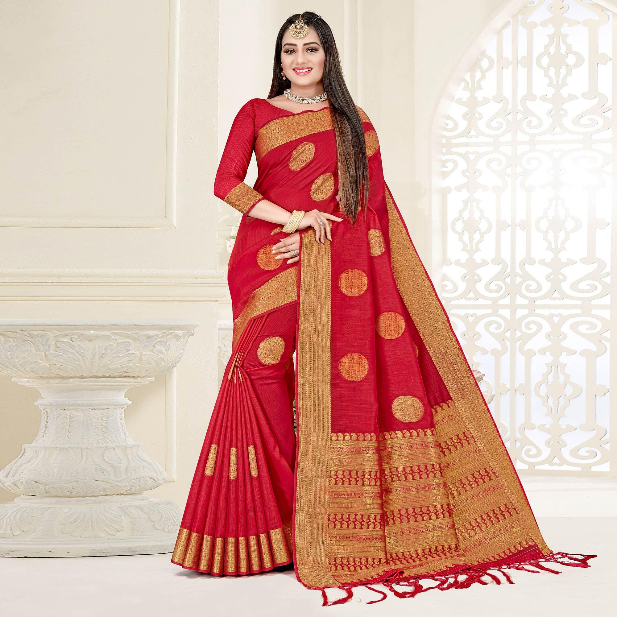 Red Woven Cotton Silk Saree - Peachmode