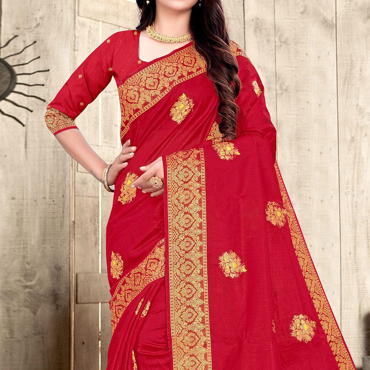 Red Woven Cotton Silk Saree - Peachmode