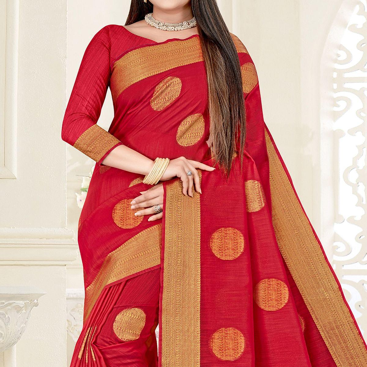 Red Woven Cotton Silk Saree - Peachmode
