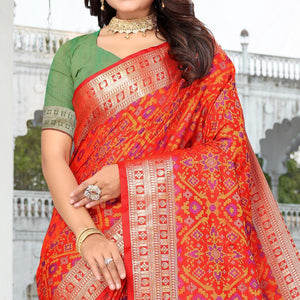 Red Woven Cotton Silk Saree - Peachmode