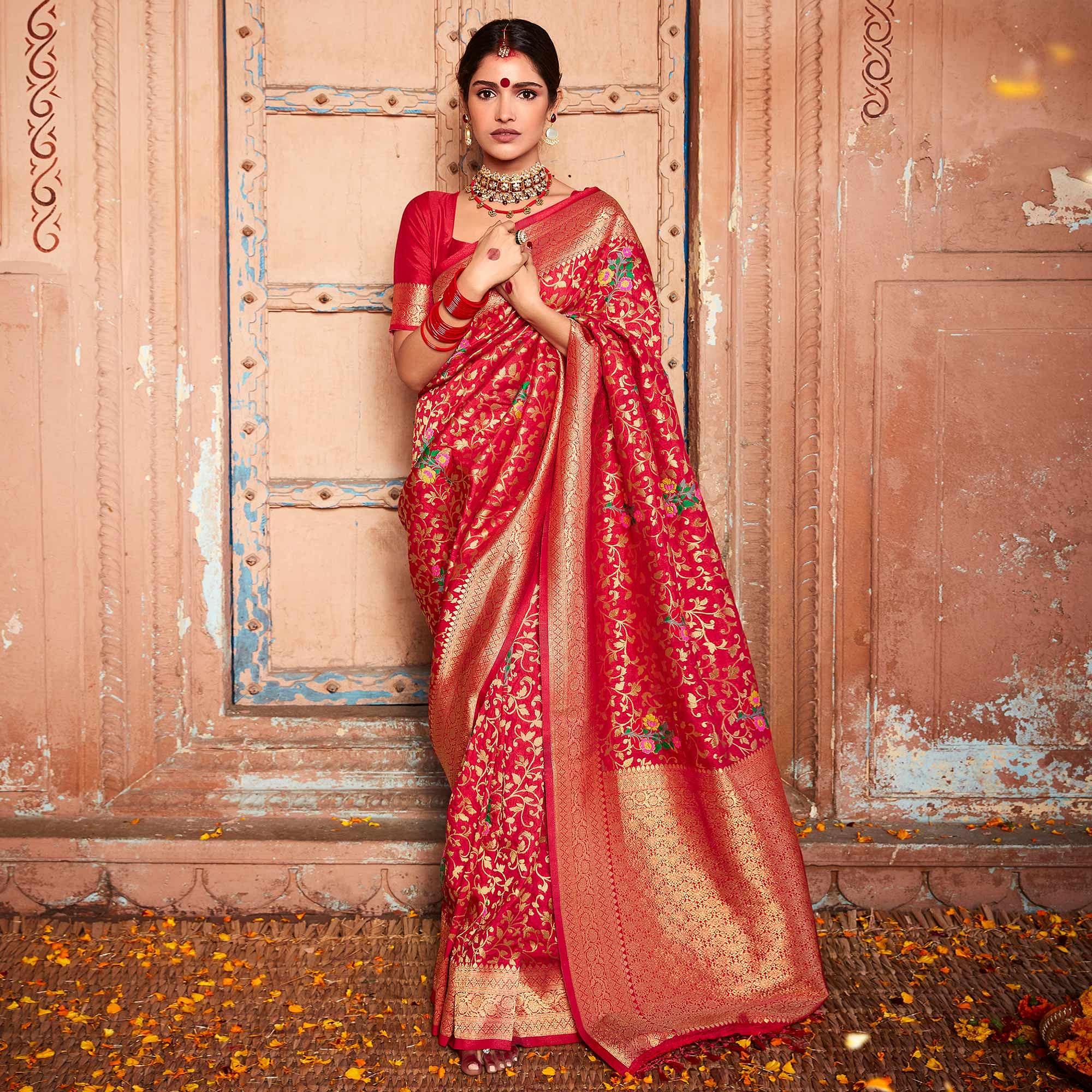 Red Woven Dola Silk Saree - Peachmode