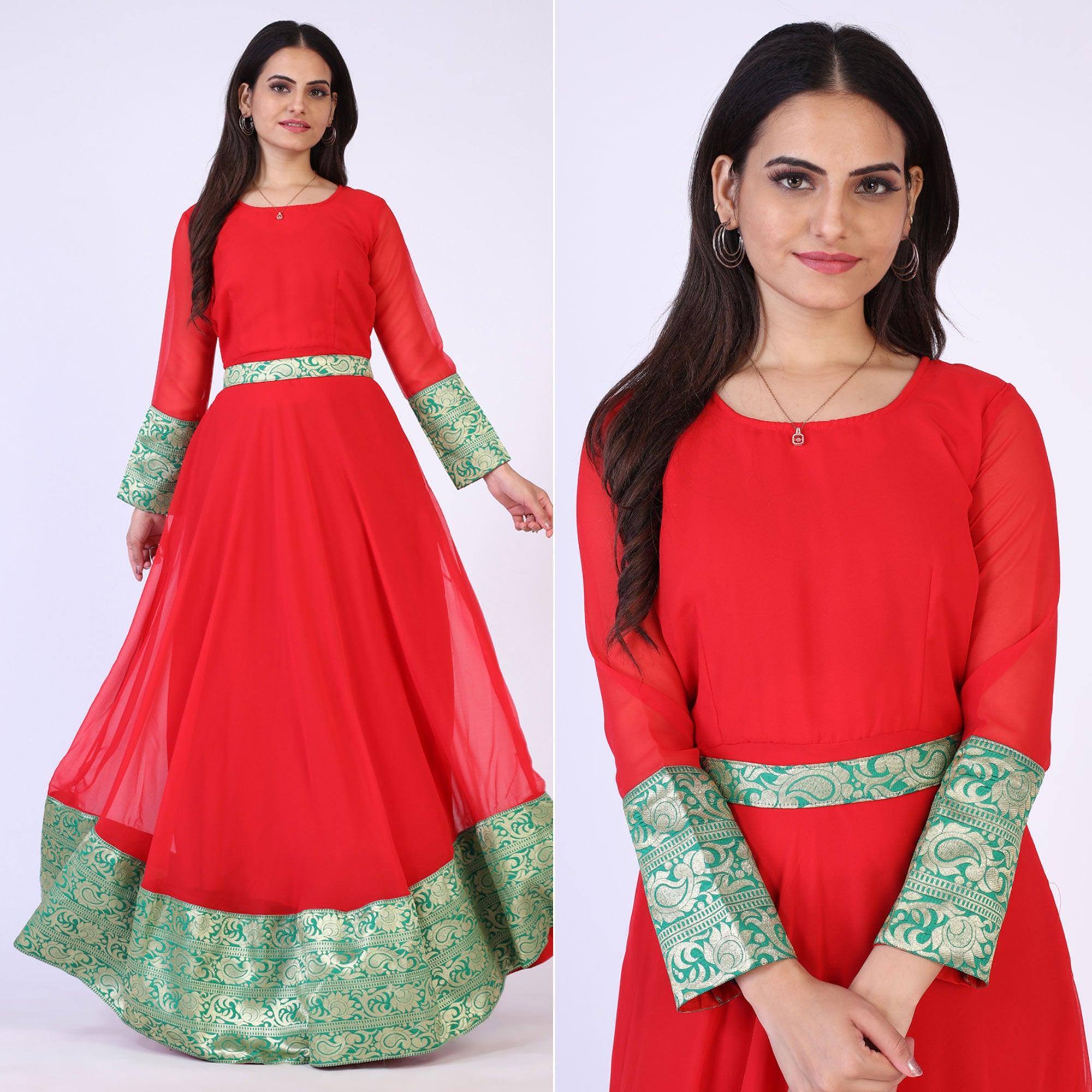 Red Woven Georgette Gown - Peachmode