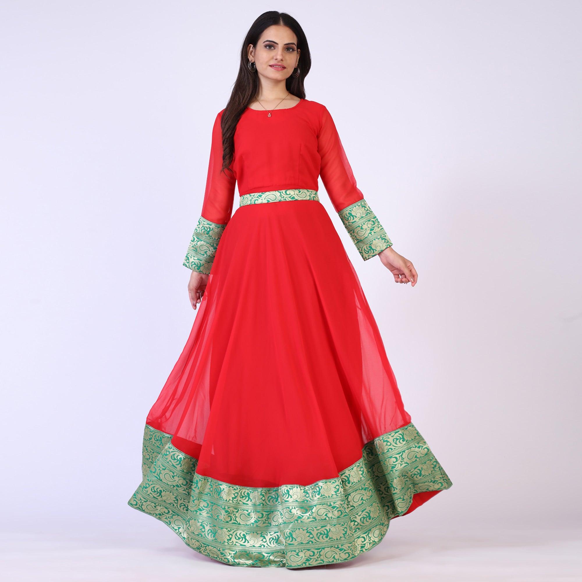 Red Woven Georgette Gown - Peachmode