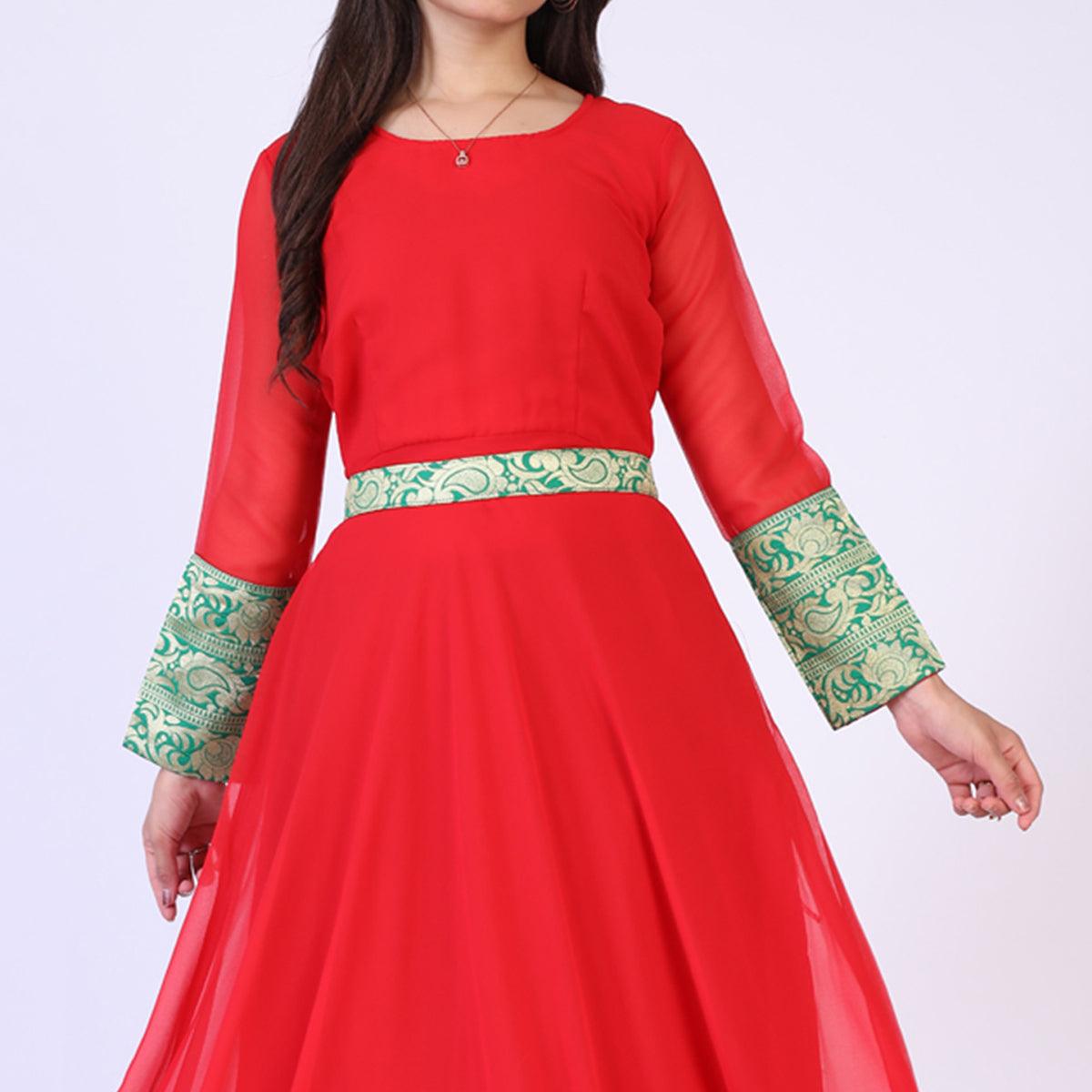Red Woven Georgette Gown - Peachmode