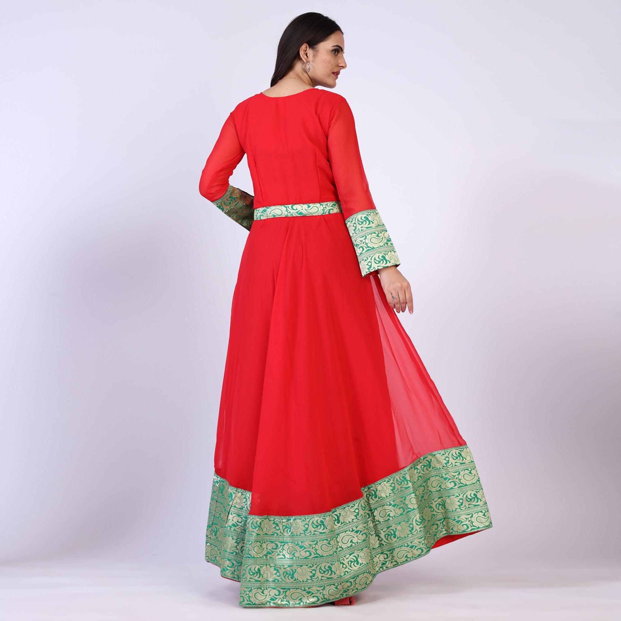 Red Woven Georgette Gown - Peachmode