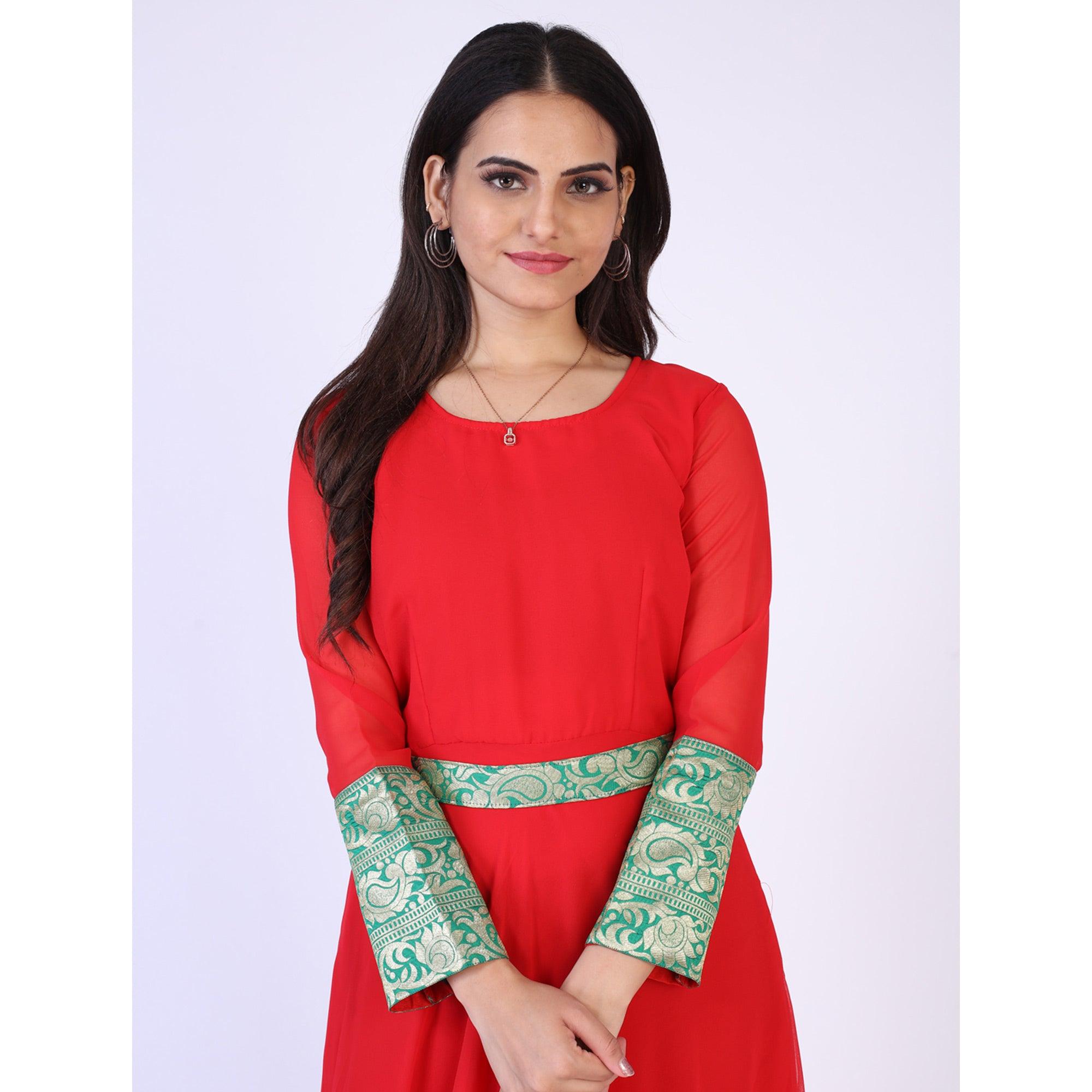 Red Woven Georgette Gown - Peachmode