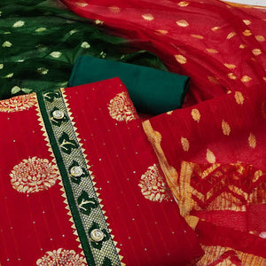 Red Woven Jacquard Dress Material - Peachmode