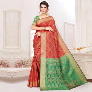 Red Woven Jacquard Saree - Peachmode