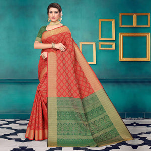 Red Woven Jacquard Saree - Peachmode