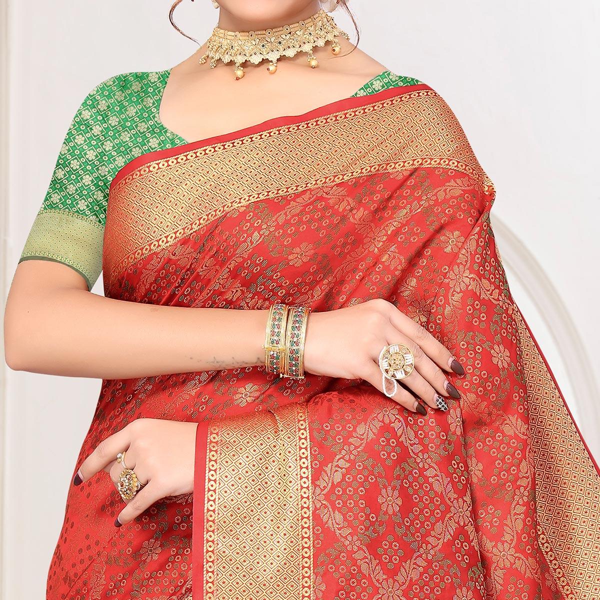 Red Woven Jacquard Saree - Peachmode