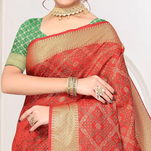 Red Woven Jacquard Saree - Peachmode