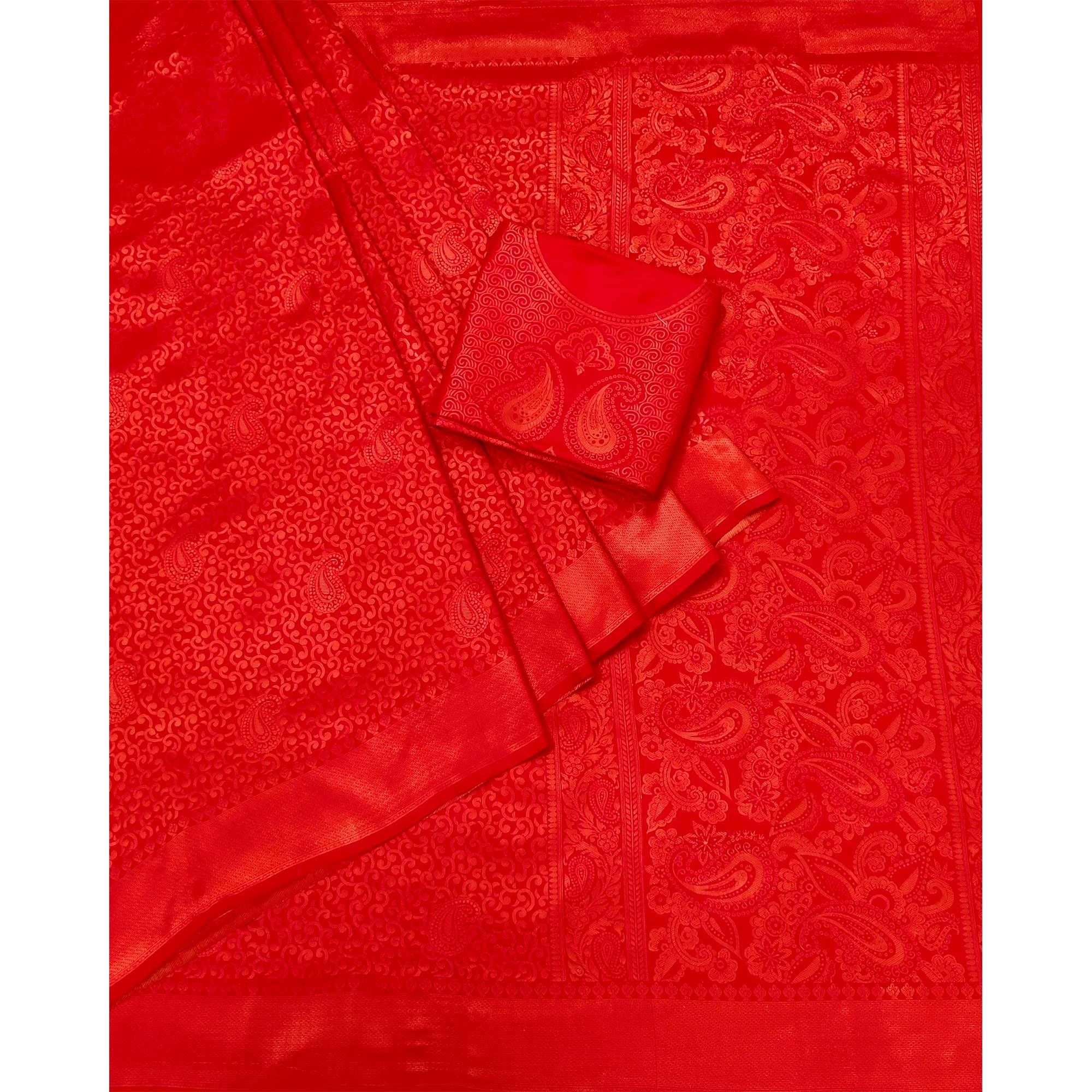 Red Woven Jacquard Saree - Peachmode
