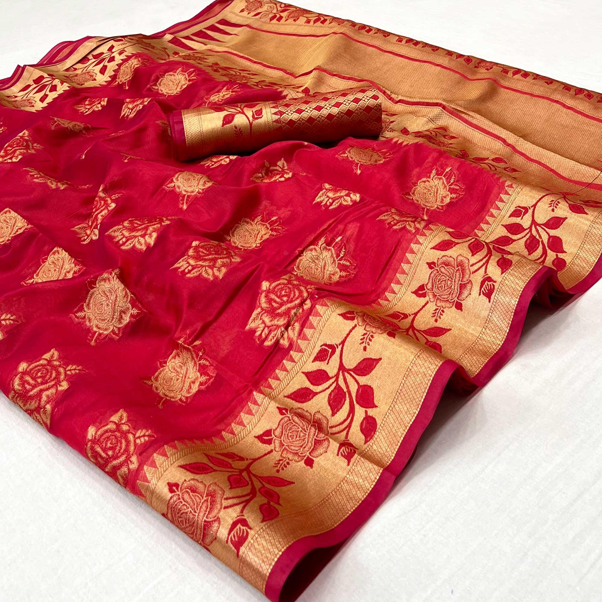 Red Woven Organza Saree - Peachmode