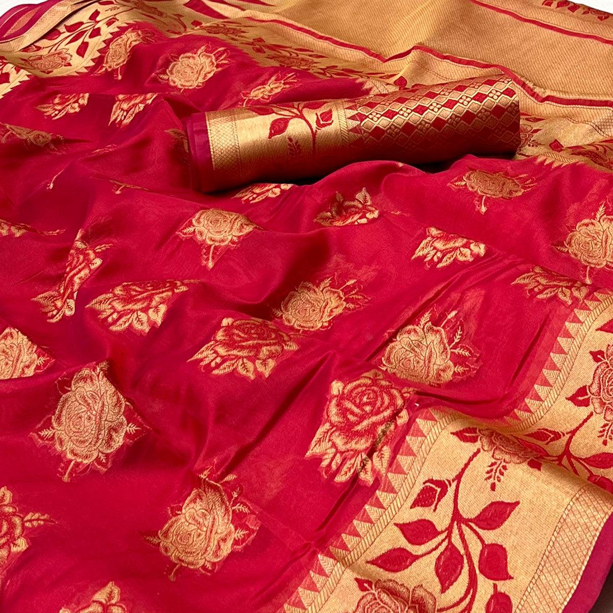 Red Woven Organza Saree - Peachmode