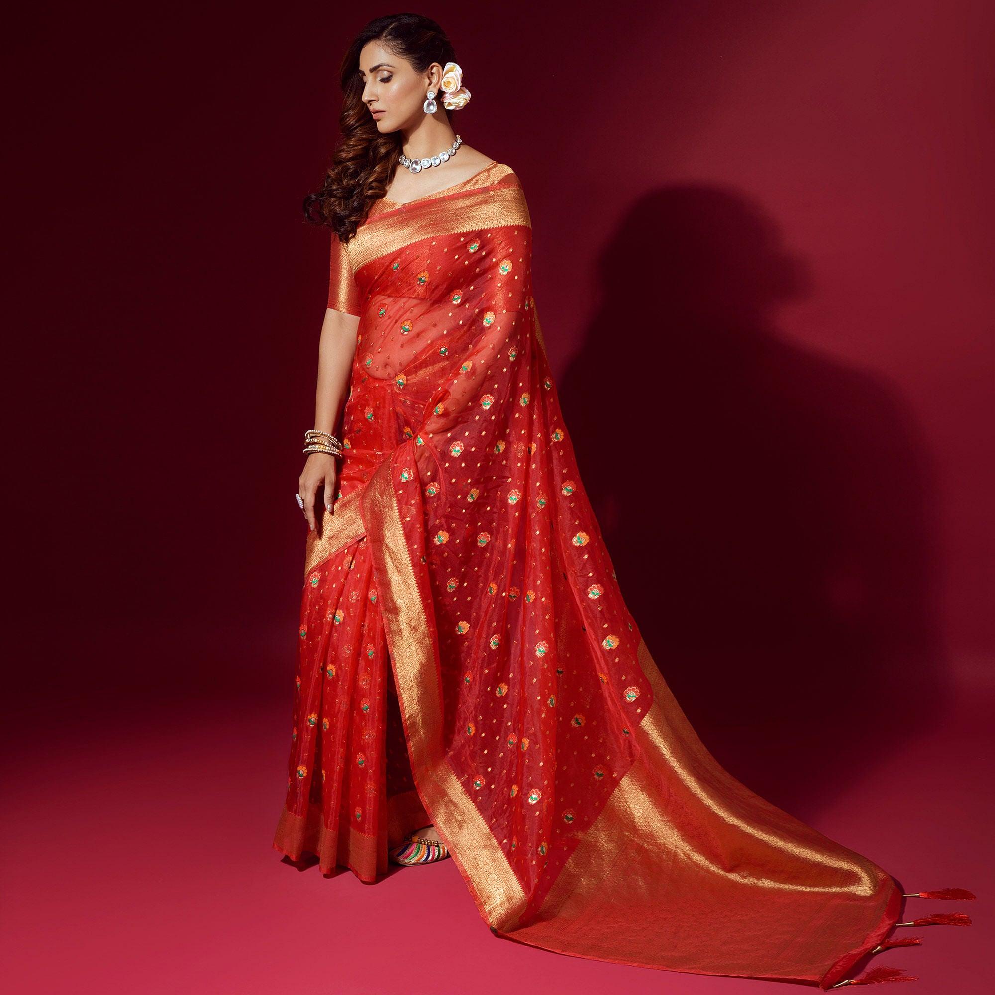 Red Woven Organza Saree With Tassels - Peachmode
