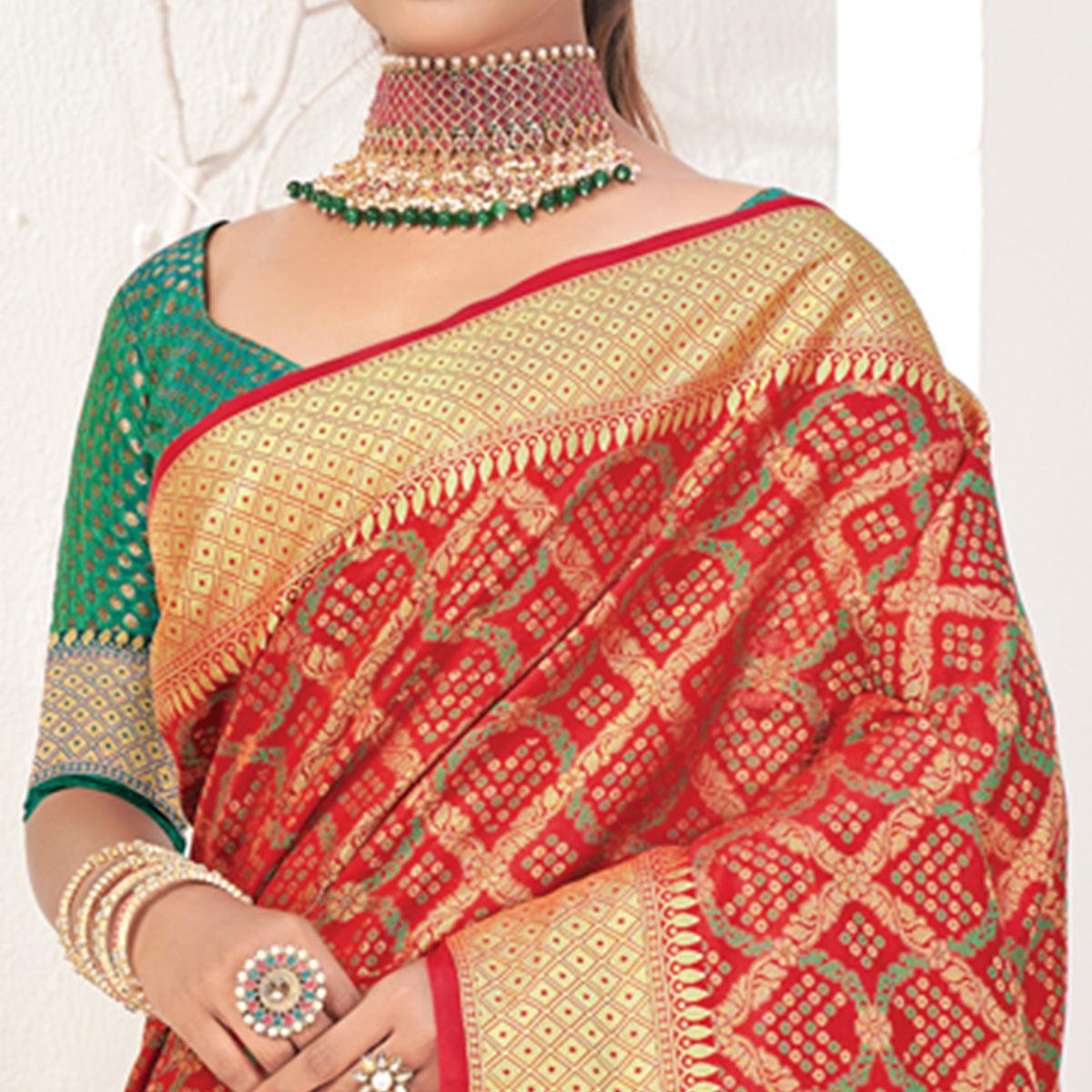 Red Woven Patola Art Silk Saree - Peachmode