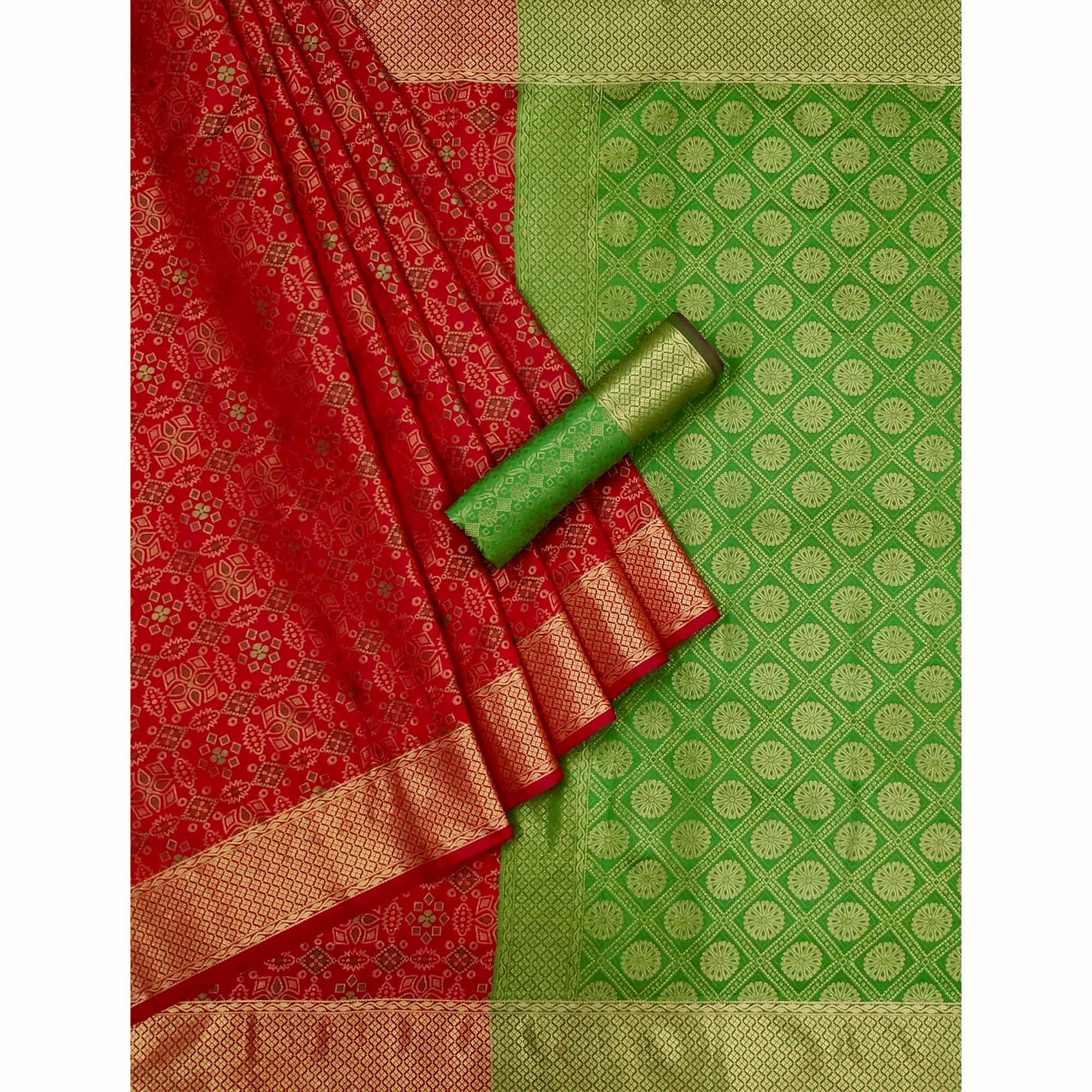 Red Woven Patola Art Silk Saree - Peachmode