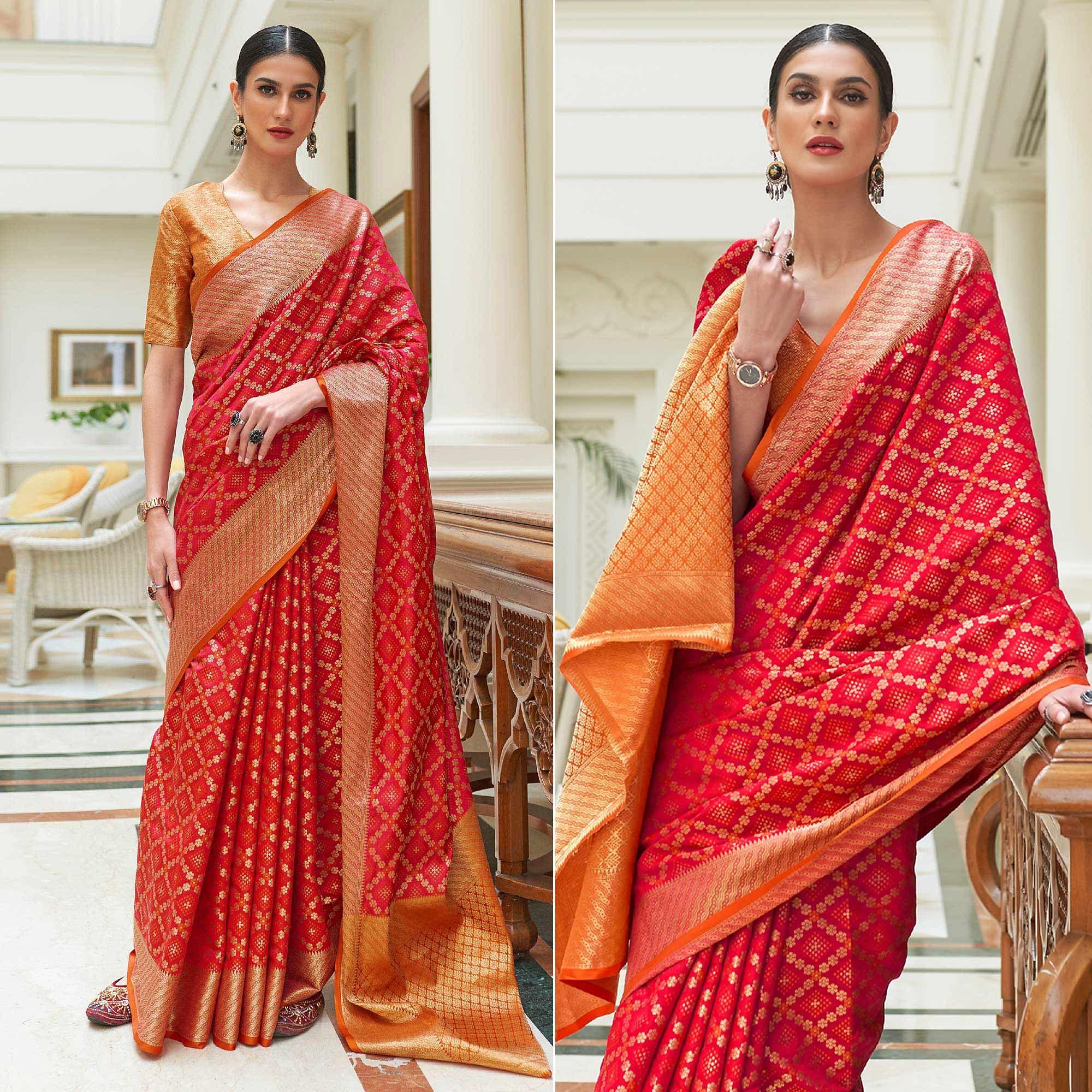 Red Woven Patola Banarasi Silk Saree - Peachmode