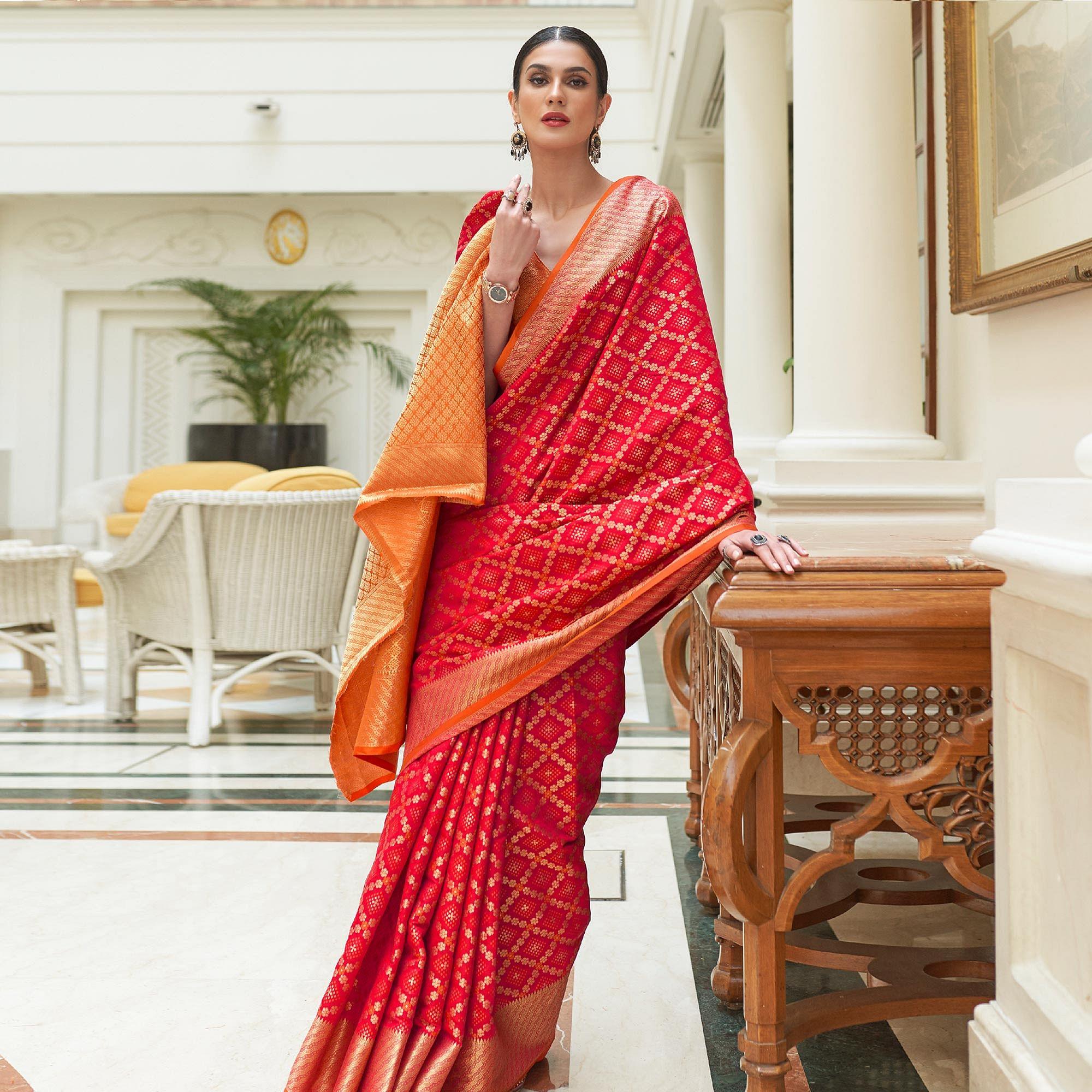 Red Woven Patola Banarasi Silk Saree - Peachmode