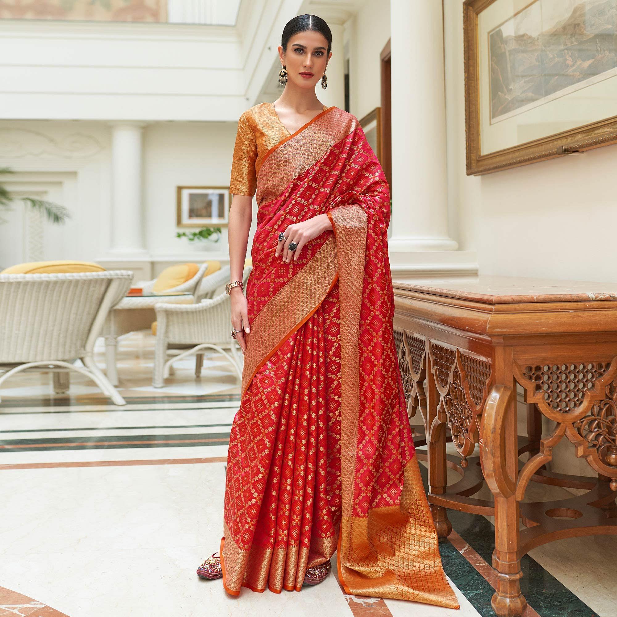 Red Woven Patola Banarasi Silk Saree - Peachmode