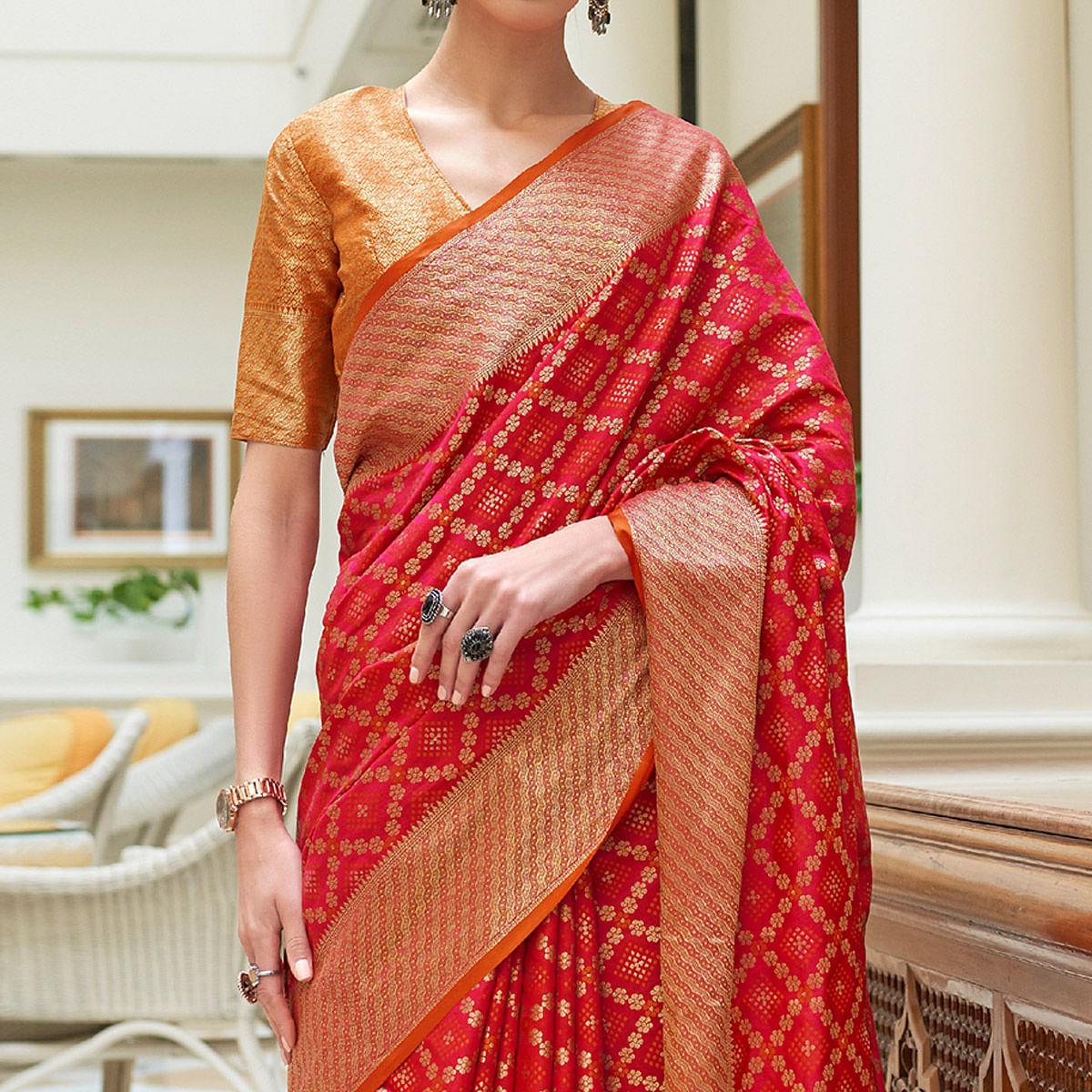Red Woven Patola Banarasi Silk Saree - Peachmode
