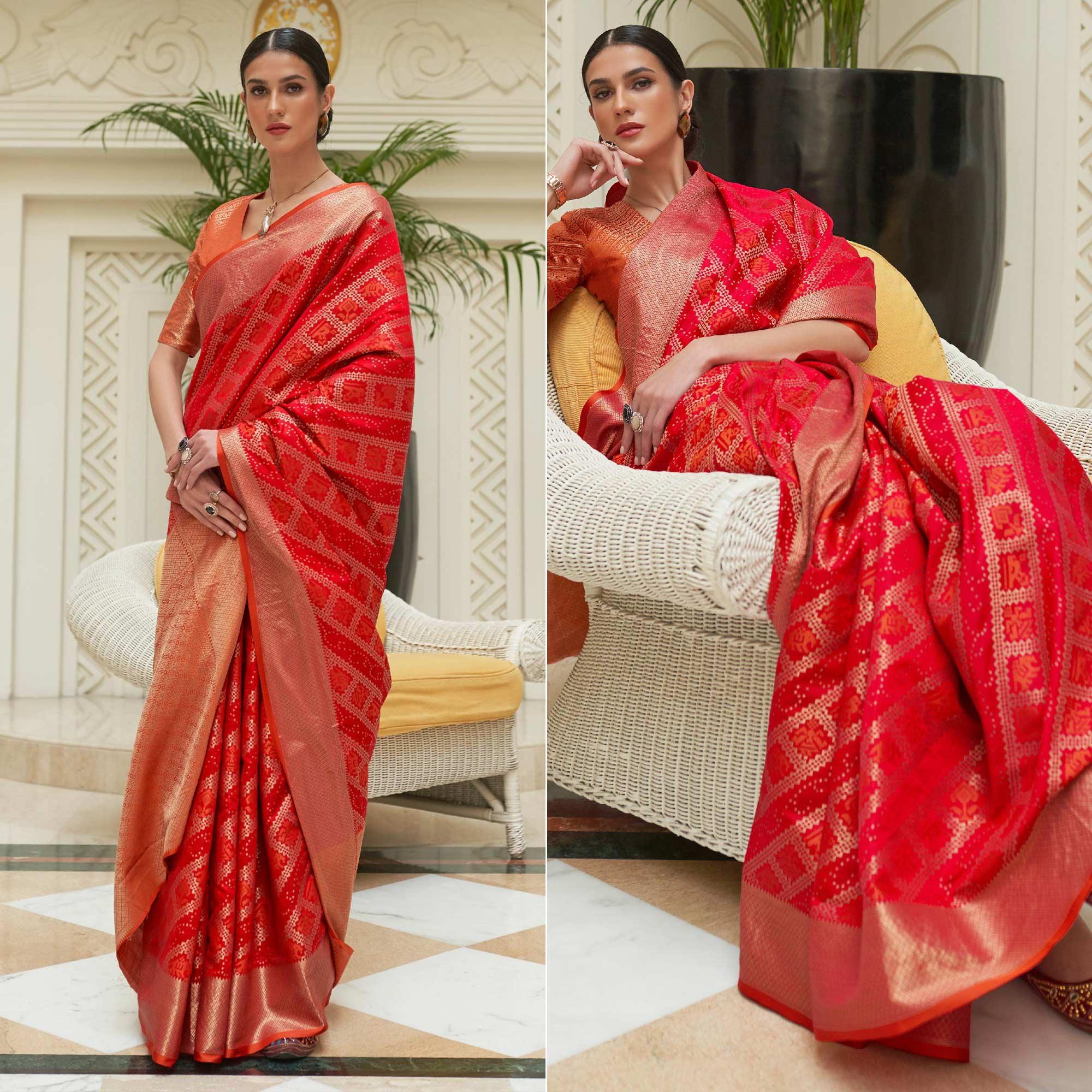 Red Woven Patola Silk Saree - Peachmode