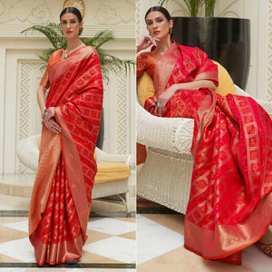 Red Woven Patola Silk Saree - Peachmode