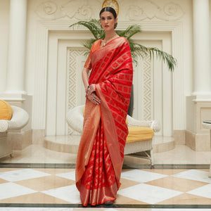 Red Woven Patola Silk Saree - Peachmode