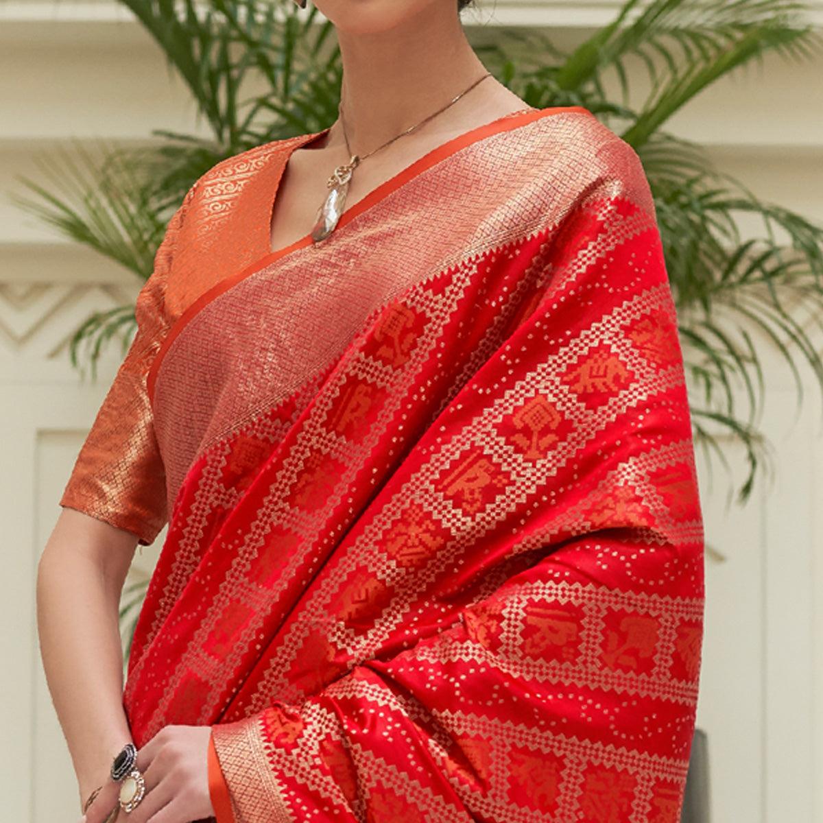 Red Woven Patola Silk Saree - Peachmode