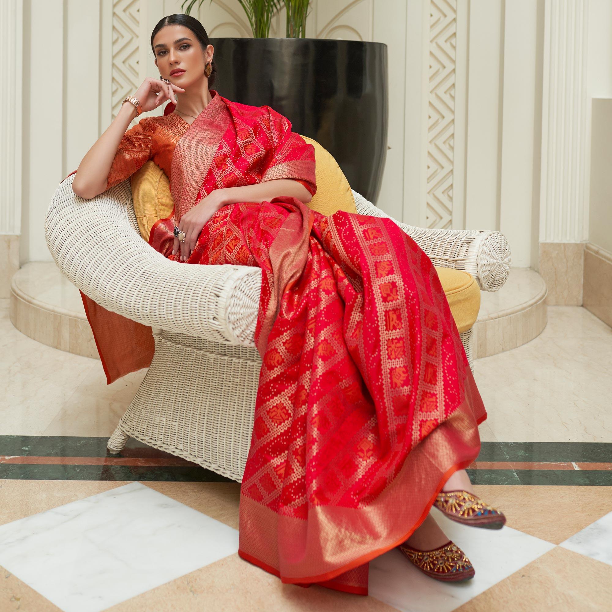 Red Woven Patola Silk Saree - Peachmode