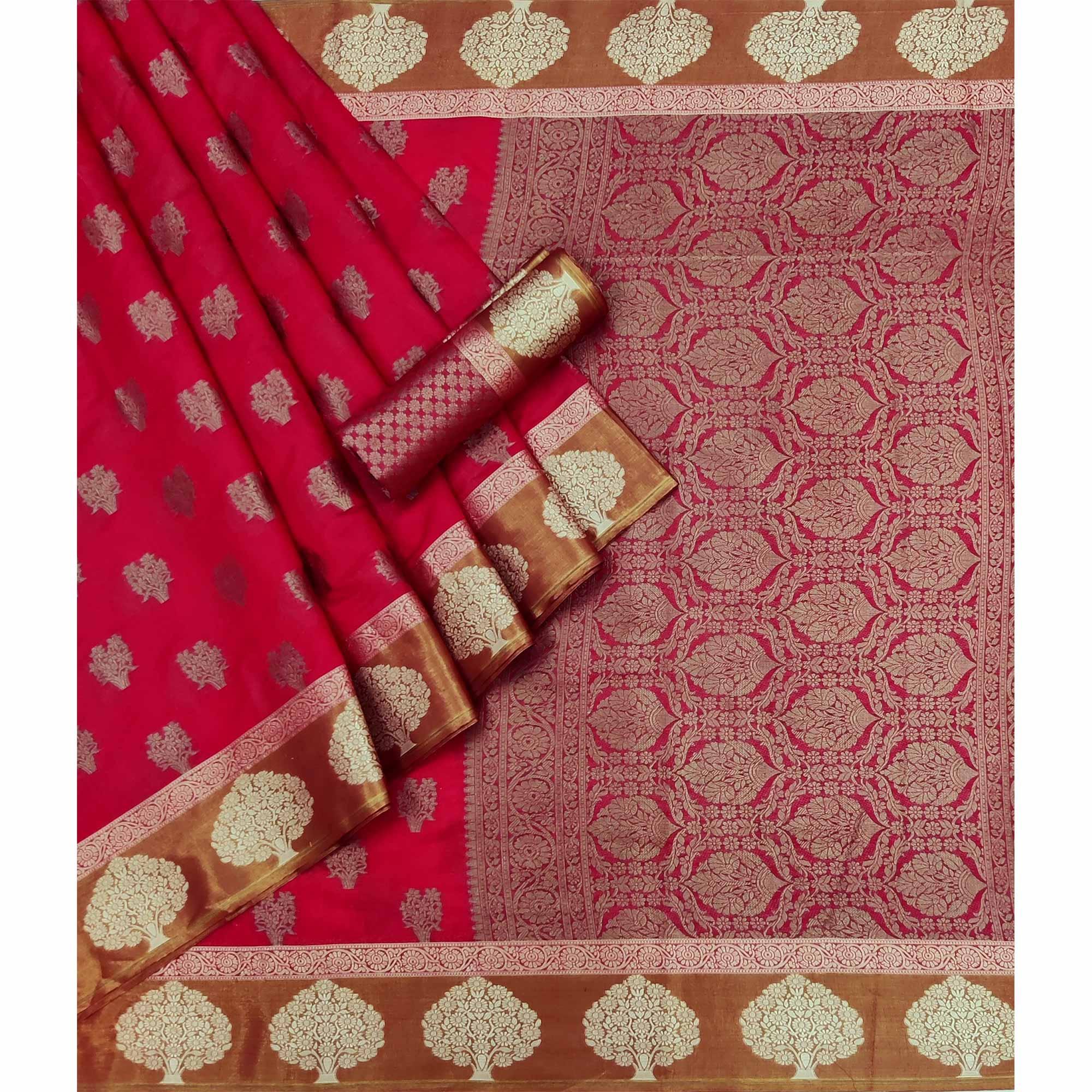 Red Woven Poly Cotton Saree - Peachmode