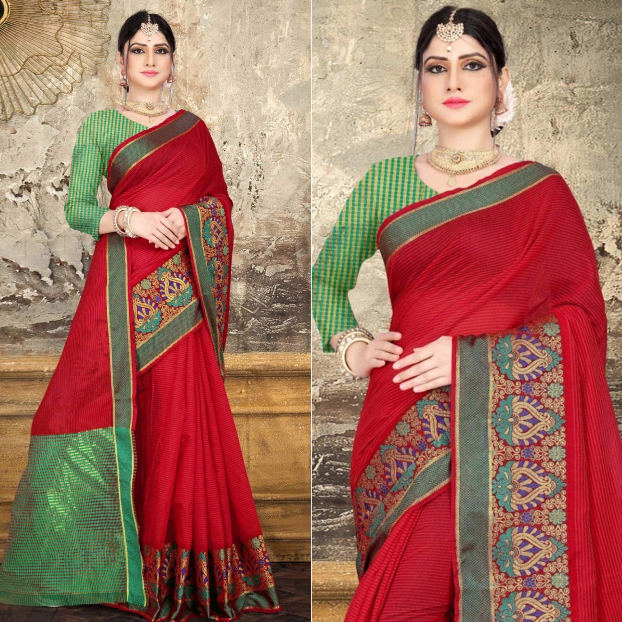 Red Woven Pure Cotton Saree - Peachmode