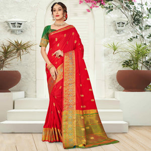 Red Woven Pure Silk Saree - Peachmode