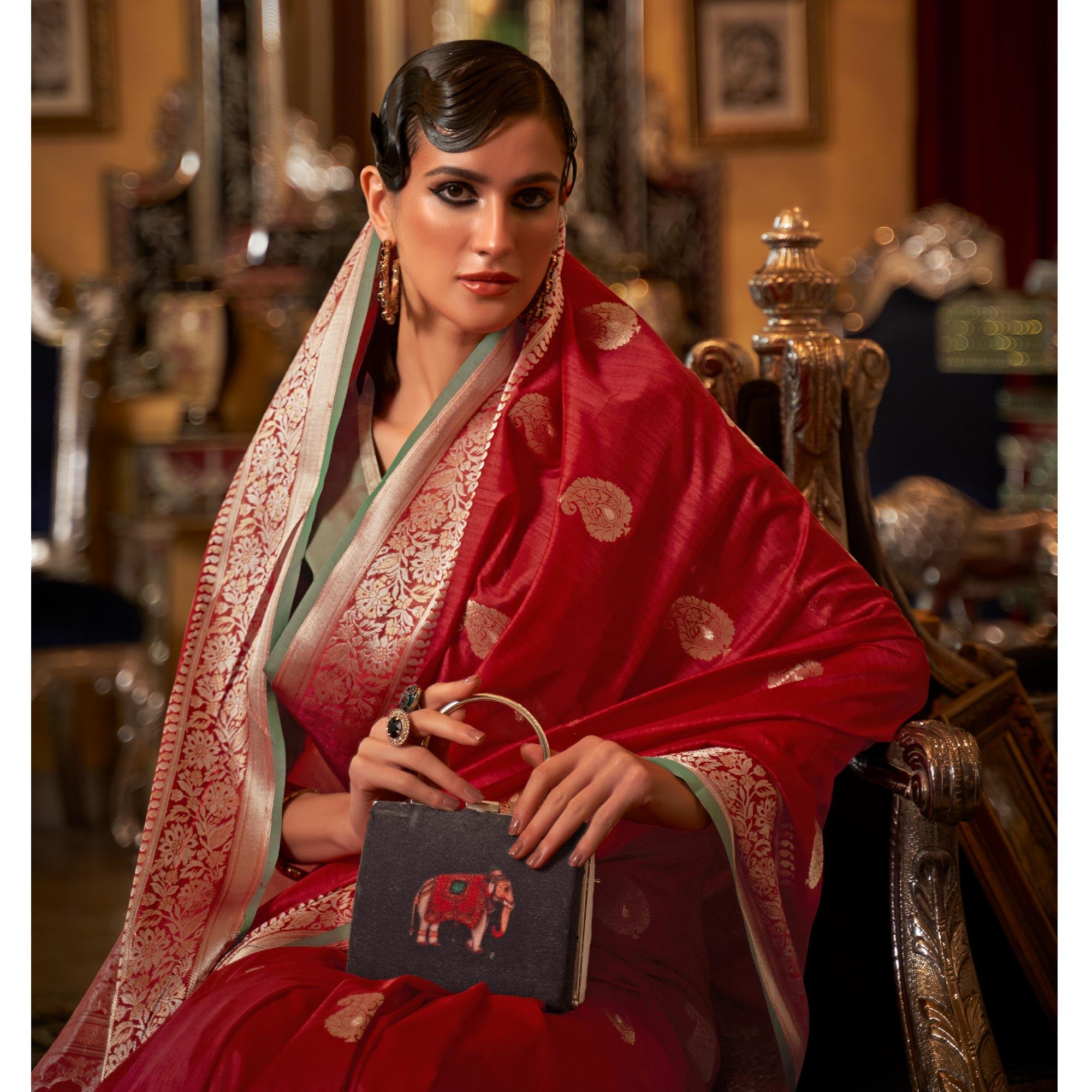 Red Woven Pure Silk Saree - Peachmode