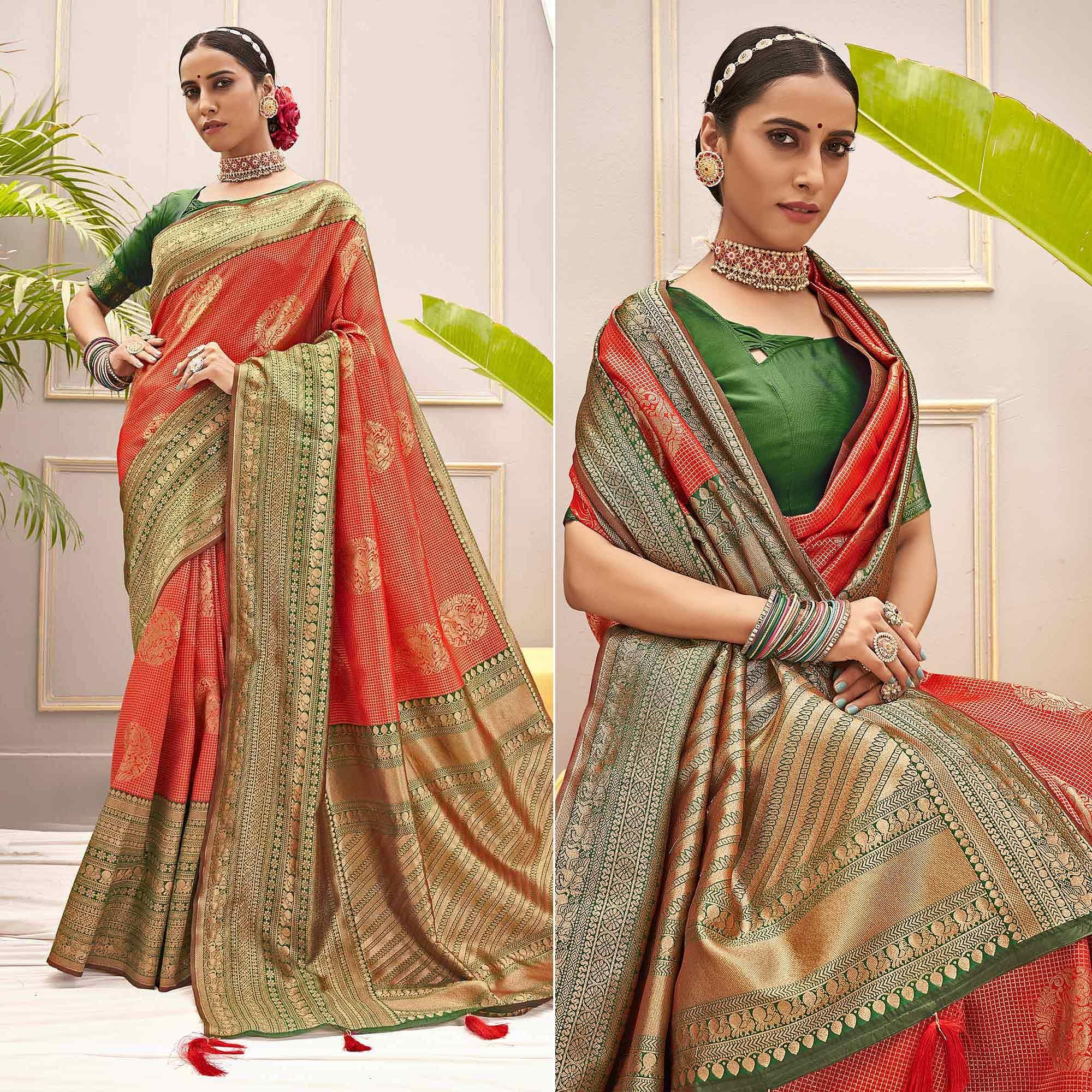 Red Woven Pure Silk Saree With Tassels - Peachmode