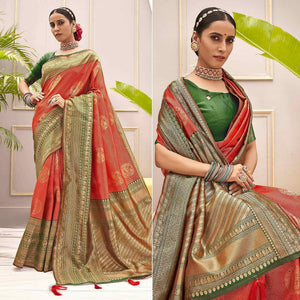 Red Woven Pure Silk Saree With Tassels - Peachmode