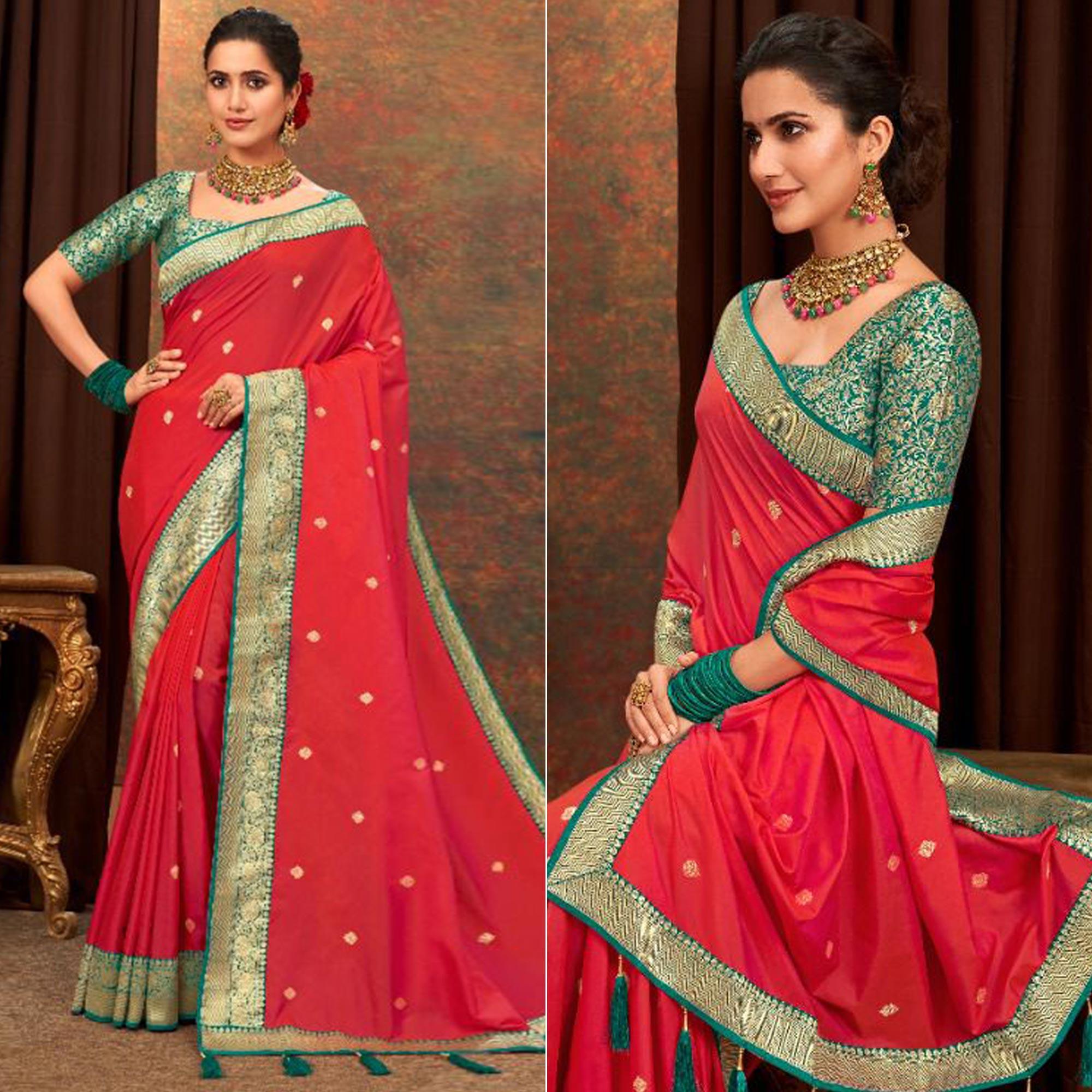 Red Woven Pure Silk Saree With Tassels - Peachmode