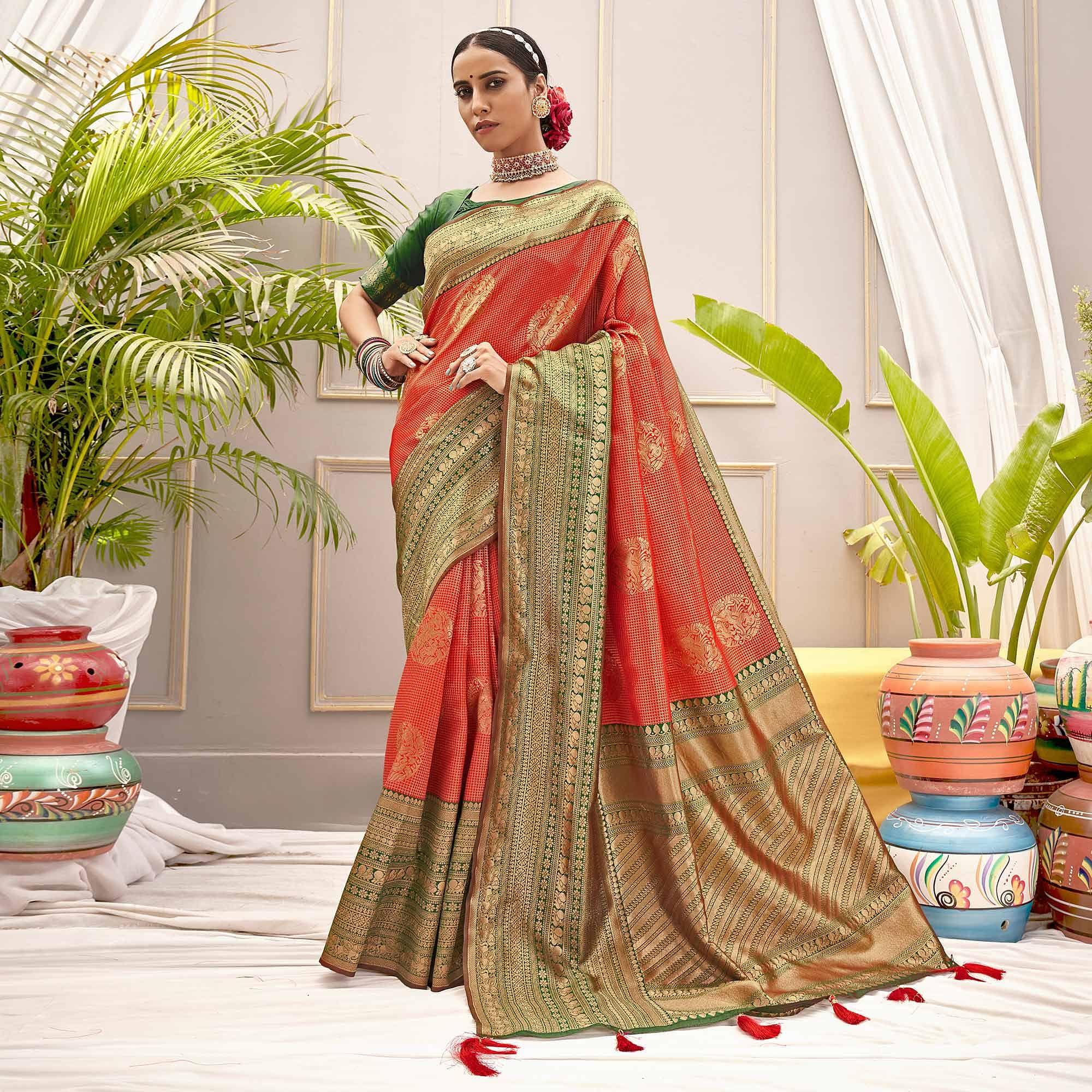 Red Woven Pure Silk Saree With Tassels - Peachmode