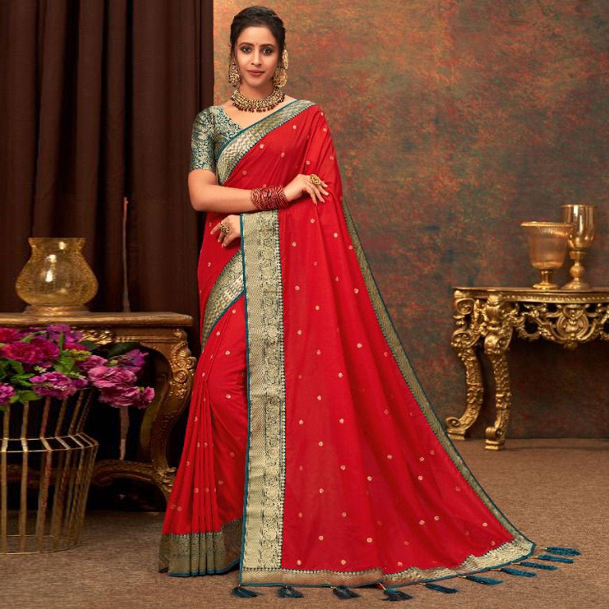 Red Woven Pure Silk Saree With Tassels - Peachmode