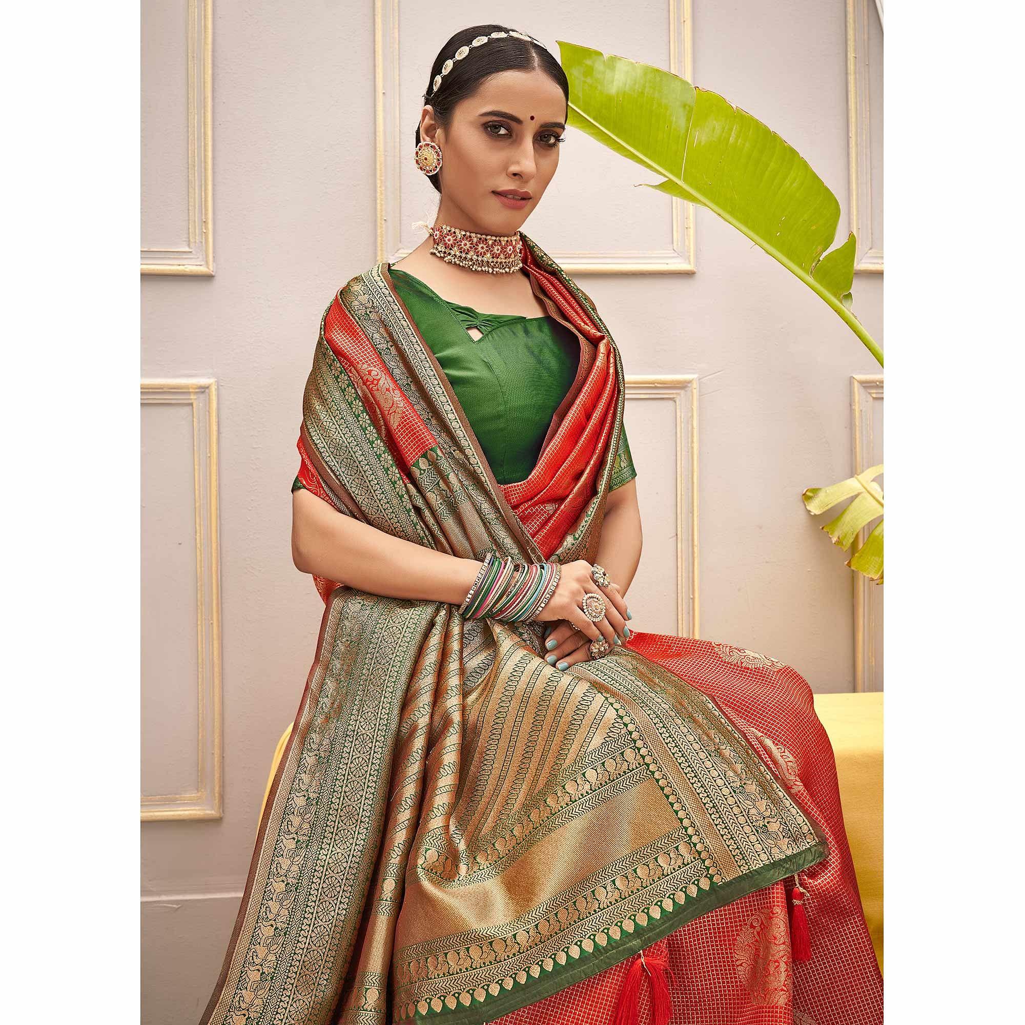 Red Woven Pure Silk Saree With Tassels - Peachmode